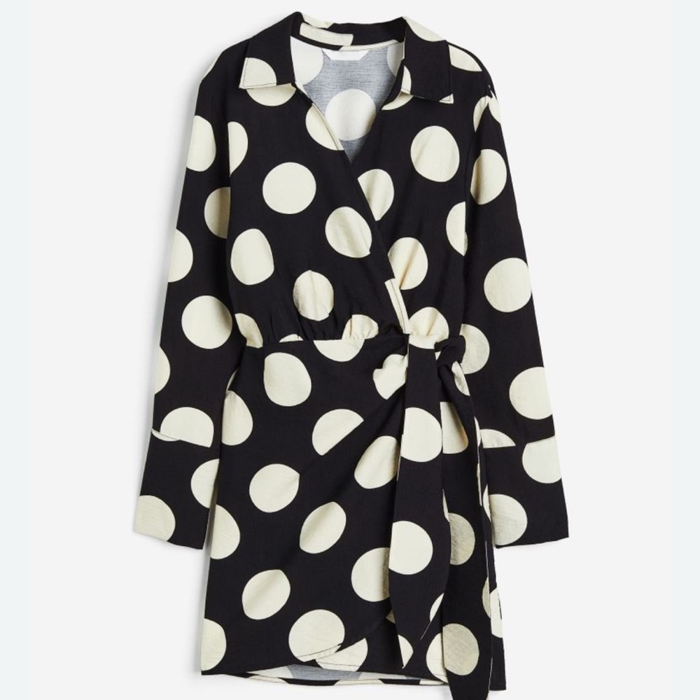 H & M Black and Cream Polka Dot Wrap Dress size M